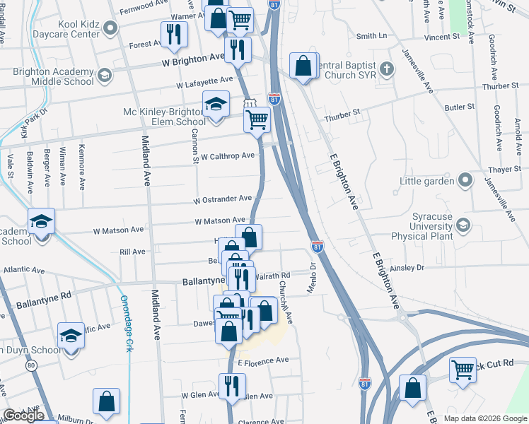 map of restaurants, bars, coffee shops, grocery stores, and more near 3505 South Salina Street in Syracuse