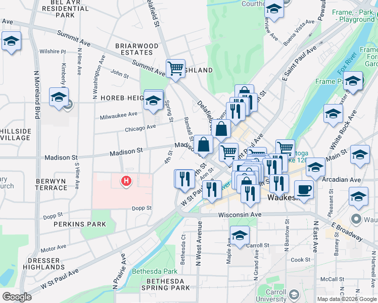 map of restaurants, bars, coffee shops, grocery stores, and more near 445 Madison Street in Waukesha