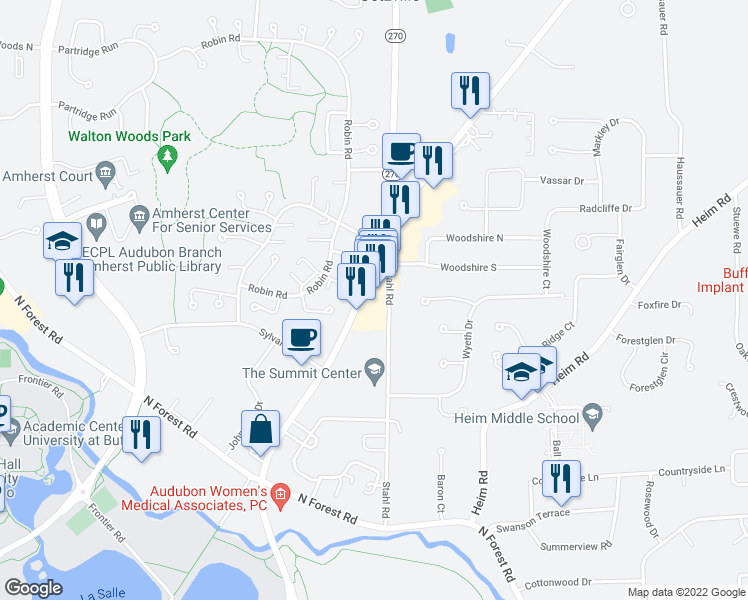 map of restaurants, bars, coffee shops, grocery stores, and more near 2333 Millersport Highway in Getzville
