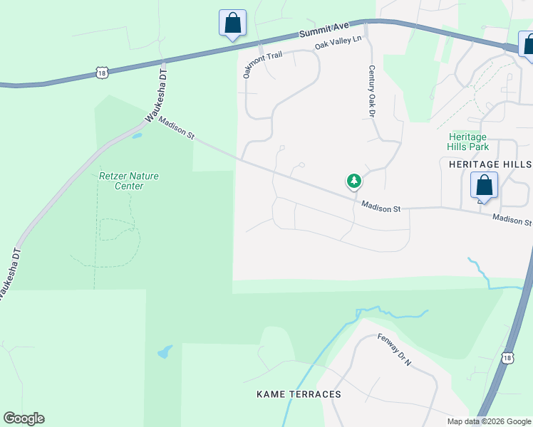 map of restaurants, bars, coffee shops, grocery stores, and more near 3609 Madison Street in Waukesha