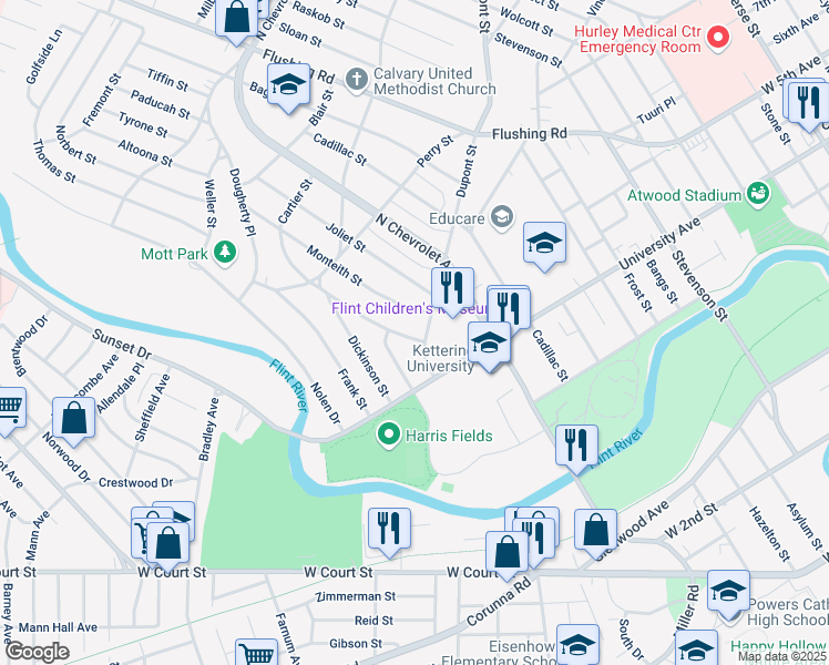 map of restaurants, bars, coffee shops, grocery stores, and more near 1908 Cartier Street in Flint