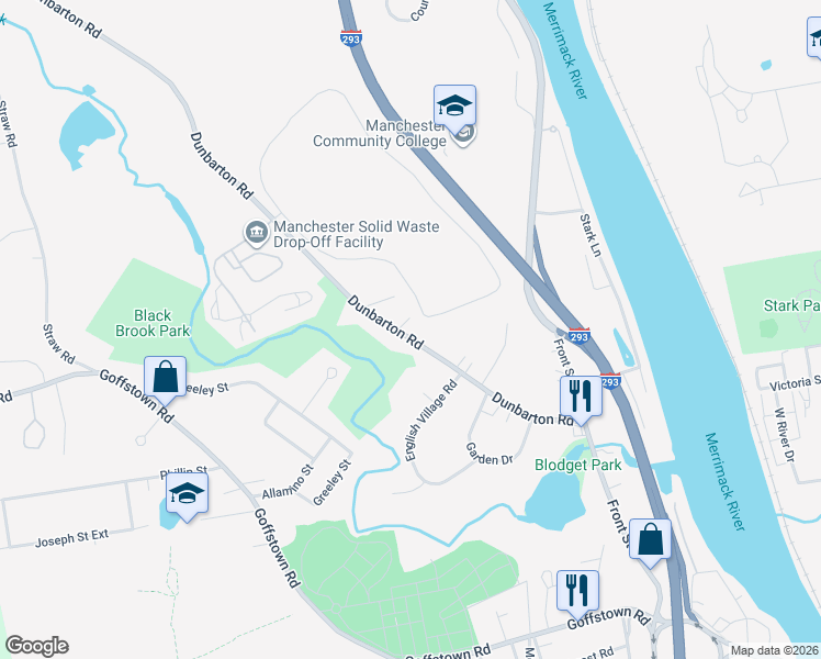 map of restaurants, bars, coffee shops, grocery stores, and more near 345 Dunbarton Road in Manchester