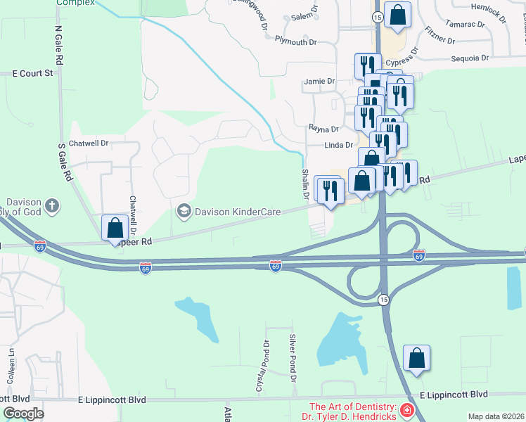 map of restaurants, bars, coffee shops, grocery stores, and more near 9341 Lapeer Road in Davison
