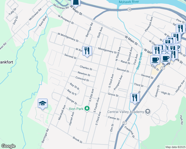 map of restaurants, bars, coffee shops, grocery stores, and more near 11 Charles Street in Ilion