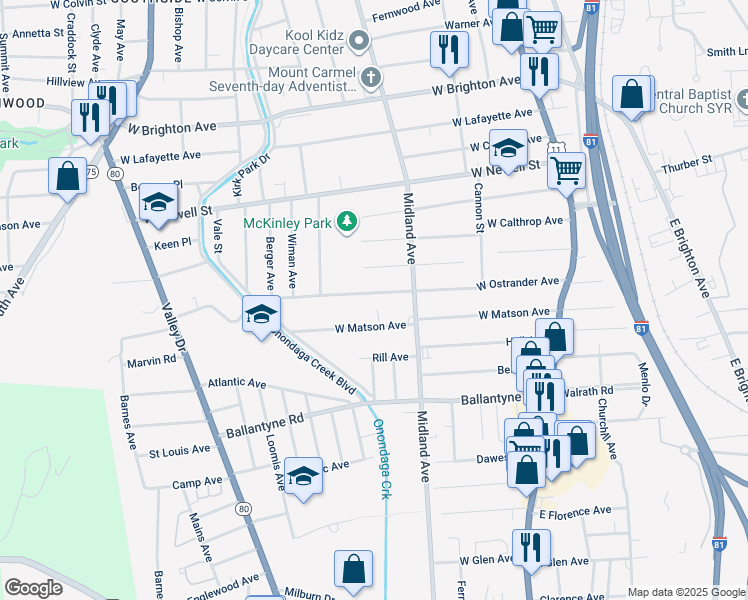 map of restaurants, bars, coffee shops, grocery stores, and more near 322 West Ostrander Avenue in Syracuse