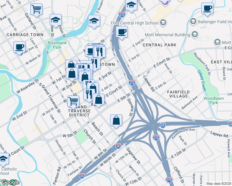 map of restaurants, bars, coffee shops, grocery stores, and more near 224 East Court Street in Flint