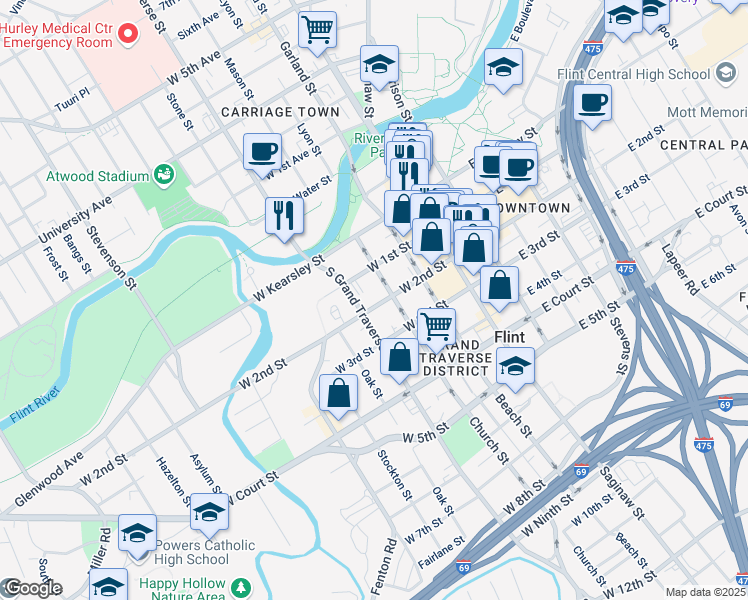 map of restaurants, bars, coffee shops, grocery stores, and more near 527 South Grand Traverse Street in Flint