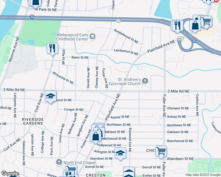 map of restaurants, bars, coffee shops, grocery stores, and more near 914 Foster Court Northeast in Grand Rapids