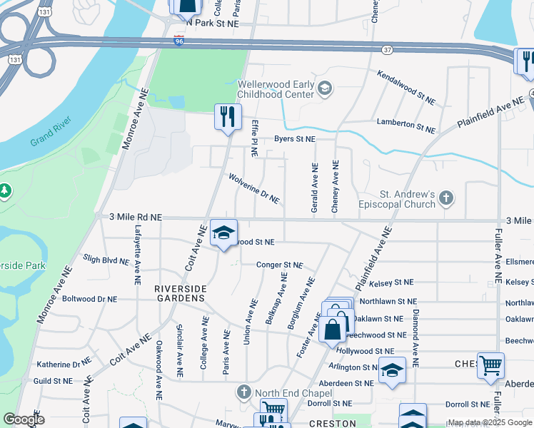 map of restaurants, bars, coffee shops, grocery stores, and more near 664 Wolverine Drive Northeast in Grand Rapids