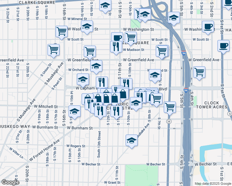 map of restaurants, bars, coffee shops, grocery stores, and more near 1606 South 11th Street in Milwaukee