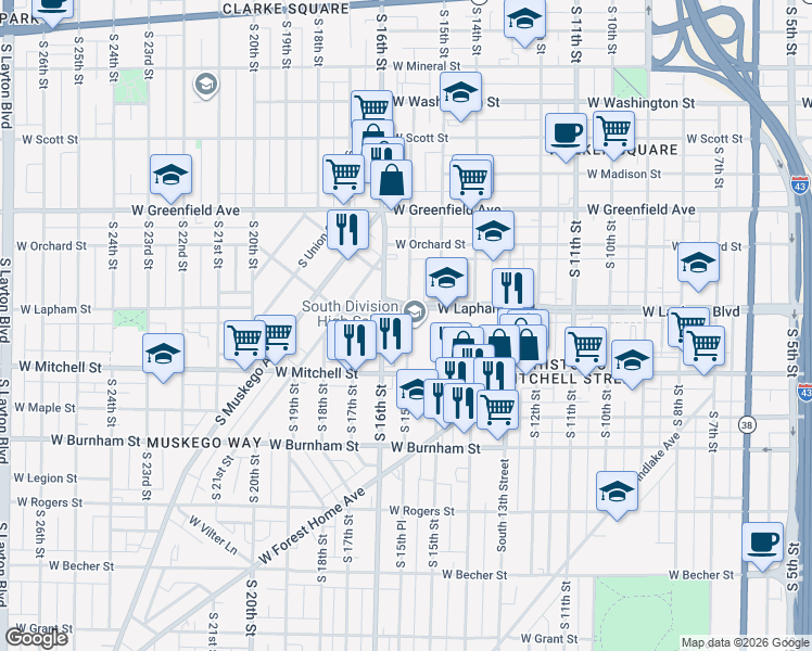 map of restaurants, bars, coffee shops, grocery stores, and more near 1515 West Lapham Boulevard in Milwaukee