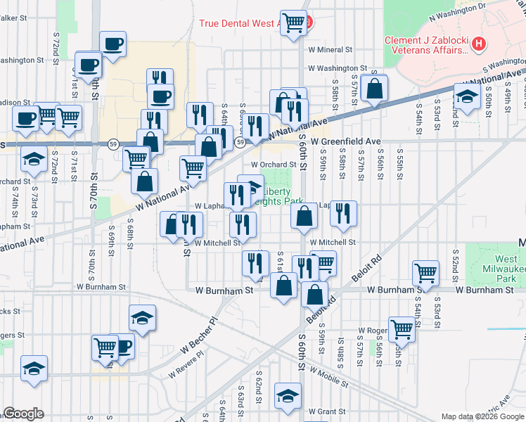 map of restaurants, bars, coffee shops, grocery stores, and more near 1579 South 62nd Street in West Allis