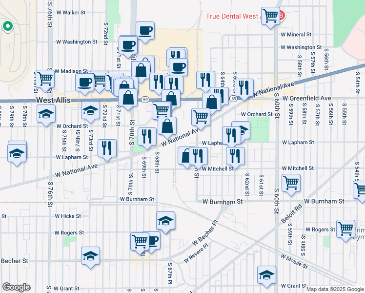 map of restaurants, bars, coffee shops, grocery stores, and more near 66 West National Avenue in West Allis
