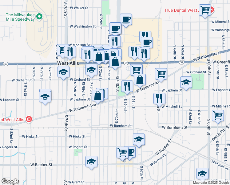 map of restaurants, bars, coffee shops, grocery stores, and more near 1541 South 70th Street in West Allis