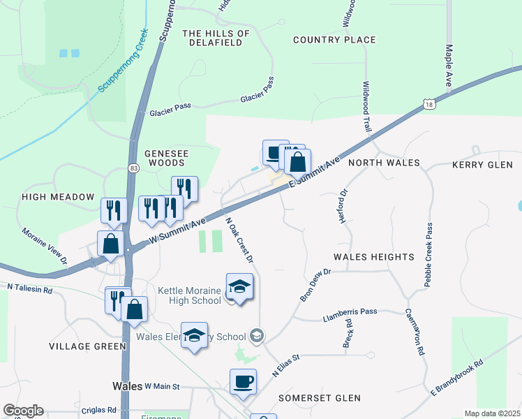 map of restaurants, bars, coffee shops, grocery stores, and more near 245 East Summit Avenue in Wales