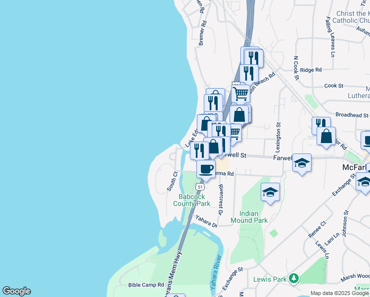 map of restaurants, bars, coffee shops, grocery stores, and more near 5916 Lake Edge Road in McFarland