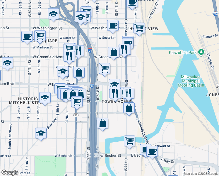 map of restaurants, bars, coffee shops, grocery stores, and more near 1616 South 3rd Street in Milwaukee