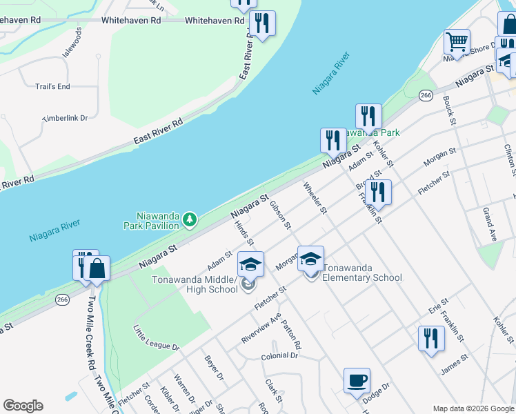 map of restaurants, bars, coffee shops, grocery stores, and more near 507 Niagara Street in Tonawanda