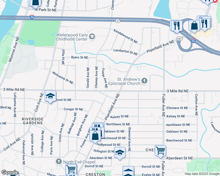 map of restaurants, bars, coffee shops, grocery stores, and more near 914 Foster Court Northeast in Grand Rapids