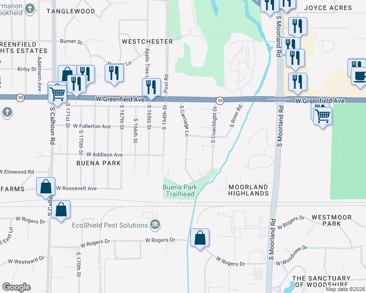 map of restaurants, bars, coffee shops, grocery stores, and more near 1617 South Carriage Lane in New Berlin