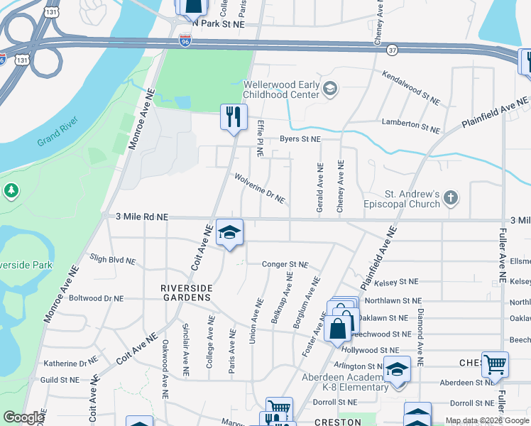 map of restaurants, bars, coffee shops, grocery stores, and more near 2815 Edgewood Avenue Northeast in Grand Rapids