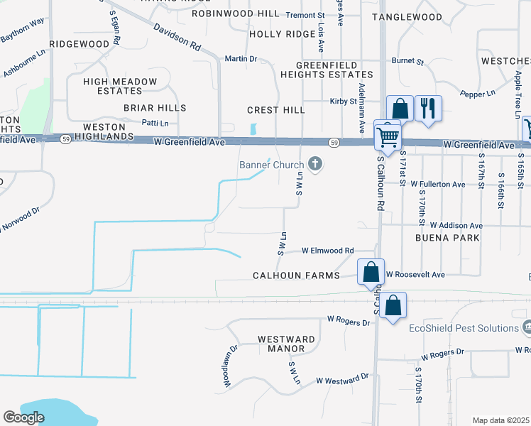 map of restaurants, bars, coffee shops, grocery stores, and more near 17723 West Westview Lane in New Berlin