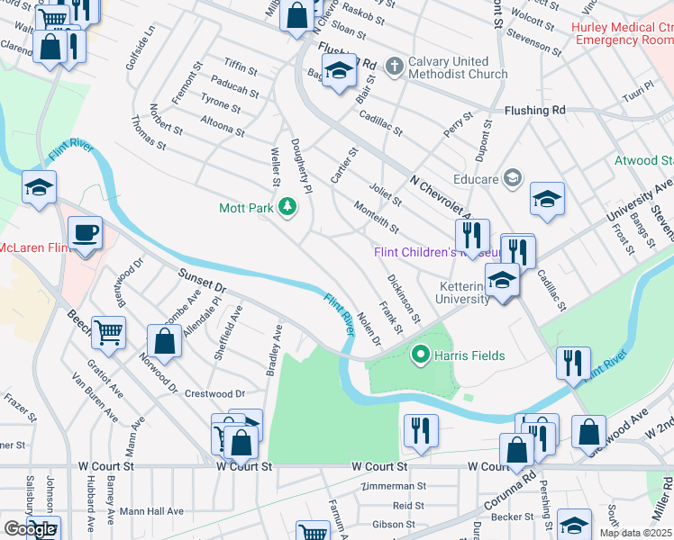 map of restaurants, bars, coffee shops, grocery stores, and more near 2344 Nolen Drive in Flint