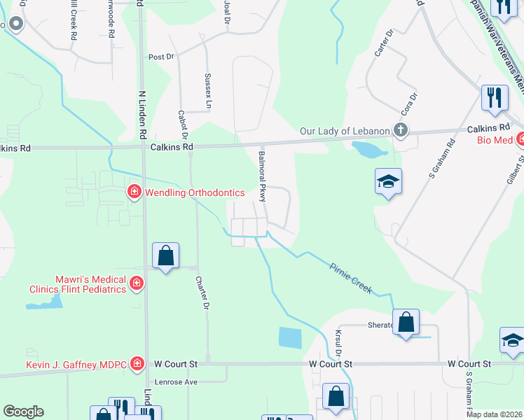 map of restaurants, bars, coffee shops, grocery stores, and more near 1022 Balmoral Parkway in Flint