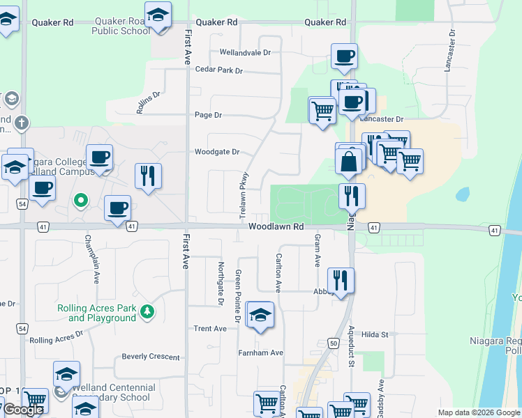 map of restaurants, bars, coffee shops, grocery stores, and more near 1 Royal Oak Drive in Welland