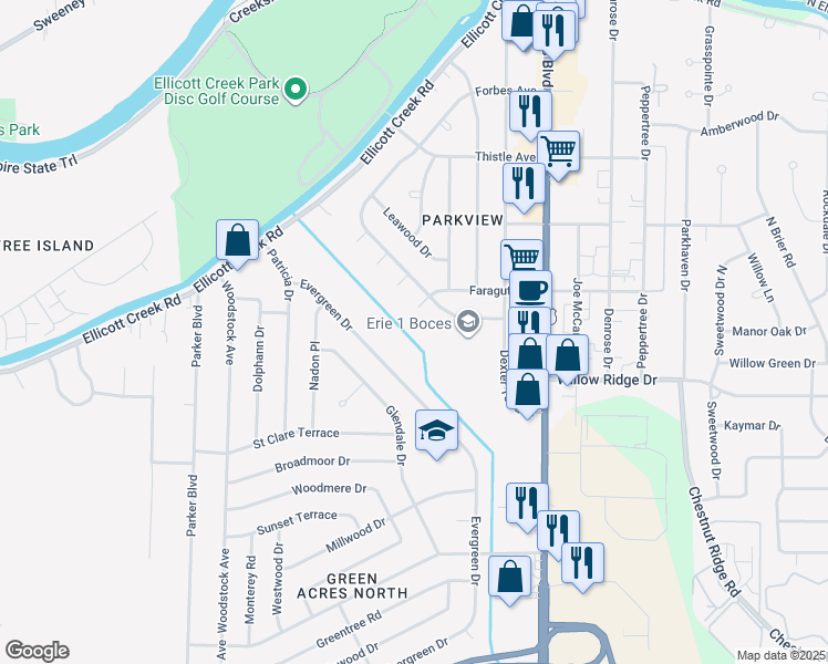 map of restaurants, bars, coffee shops, grocery stores, and more near 1225 Ellicott Creek Road in Tonawanda