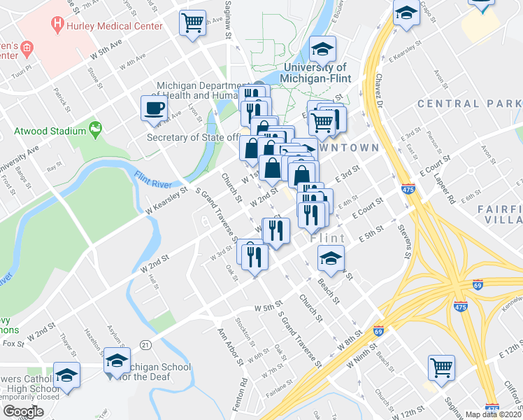 map of restaurants, bars, coffee shops, grocery stores, and more near 610 Beach Street in Flint