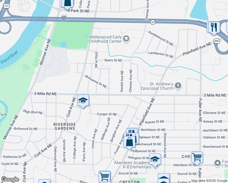 map of restaurants, bars, coffee shops, grocery stores, and more near 2811 Gerald Avenue Northeast in Grand Rapids