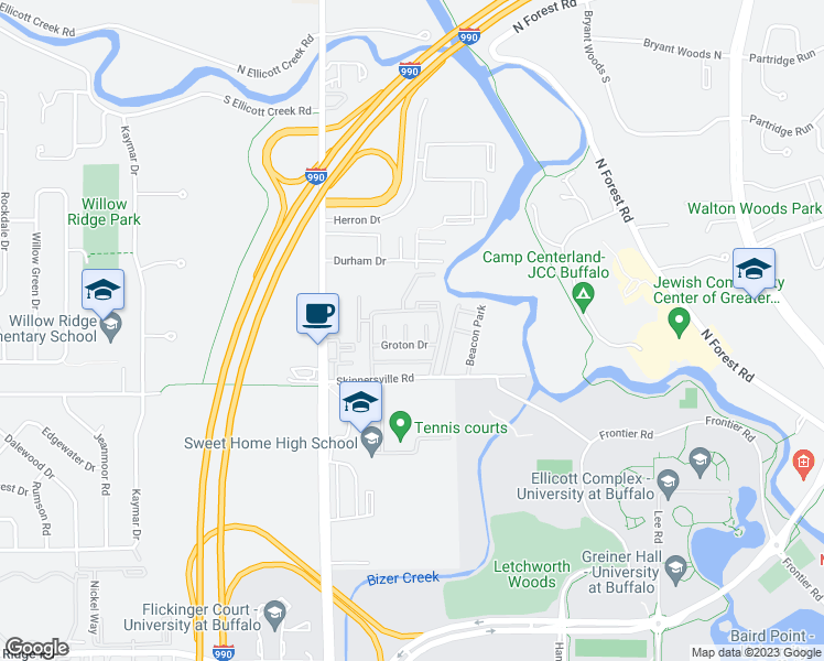 map of restaurants, bars, coffee shops, grocery stores, and more near 90 Groton Drive in Buffalo