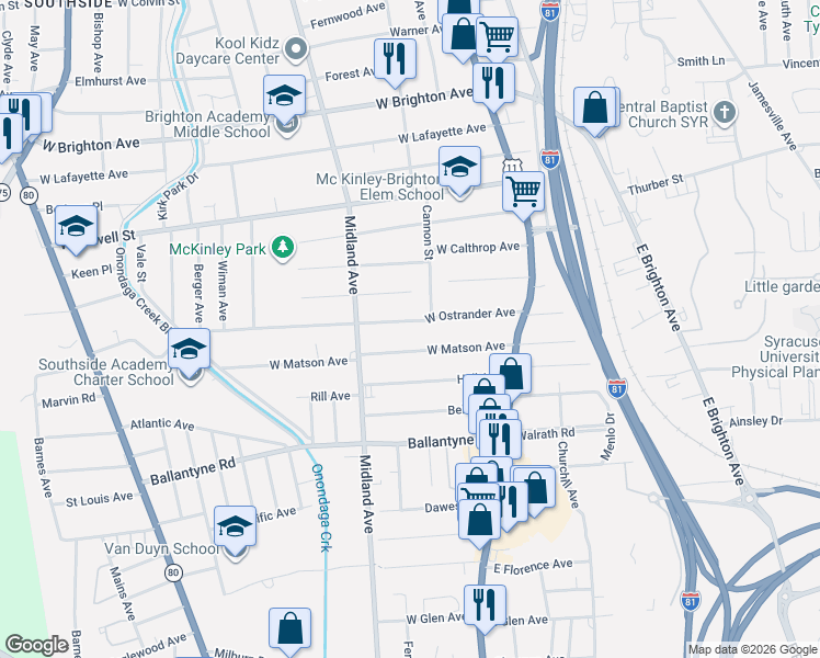 map of restaurants, bars, coffee shops, grocery stores, and more near 223 West Ostrander Avenue in Syracuse