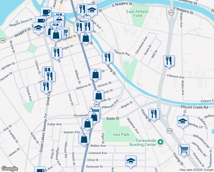 map of restaurants, bars, coffee shops, grocery stores, and more near 66 Simson Street in Tonawanda