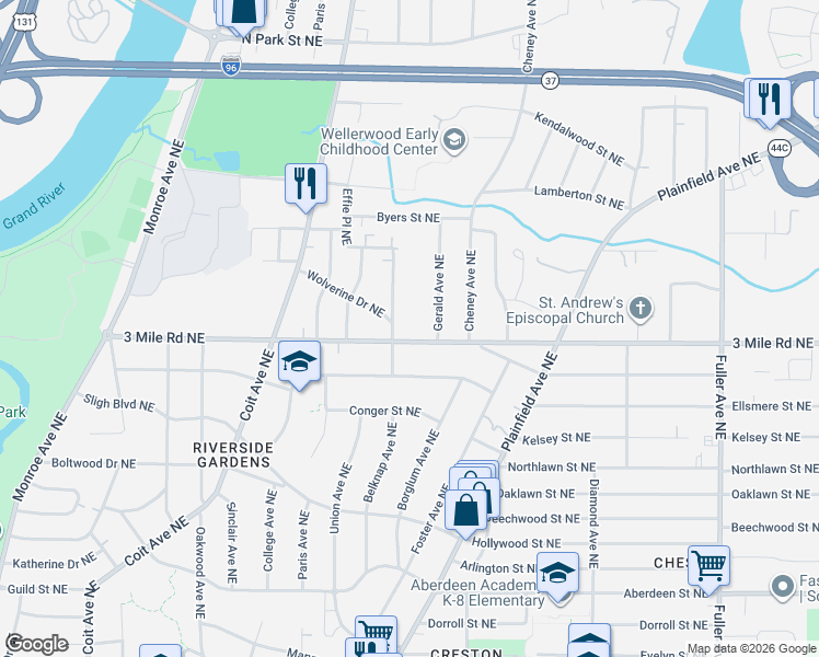 map of restaurants, bars, coffee shops, grocery stores, and more near 2811 Gerald Avenue Northeast in Grand Rapids