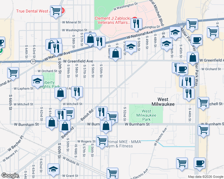 map of restaurants, bars, coffee shops, grocery stores, and more near 1553 South 53rd Street in West Milwaukee