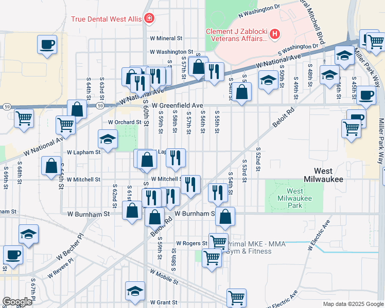 map of restaurants, bars, coffee shops, grocery stores, and more near 1605 South 57th Street in West Allis
