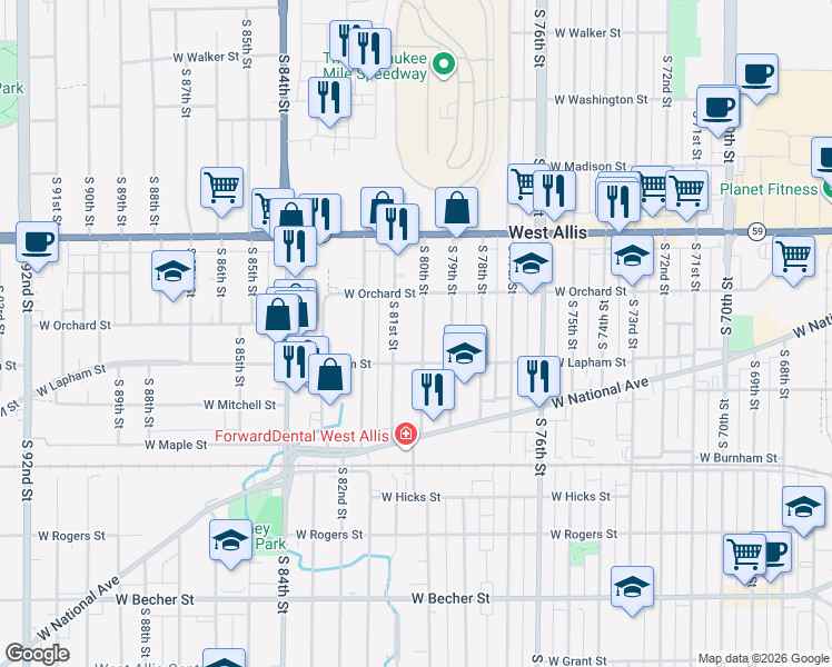 map of restaurants, bars, coffee shops, grocery stores, and more near 1540 South 81st Street in West Allis