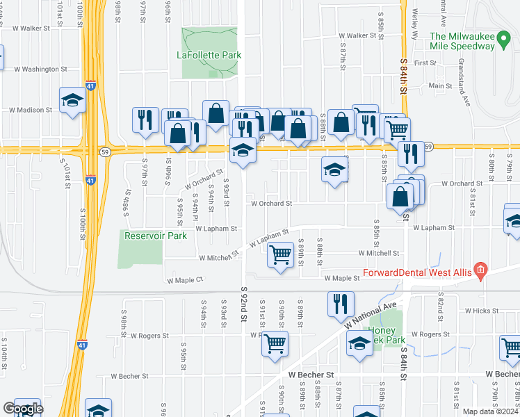 map of restaurants, bars, coffee shops, grocery stores, and more near 1505 South 91st Street in West Allis