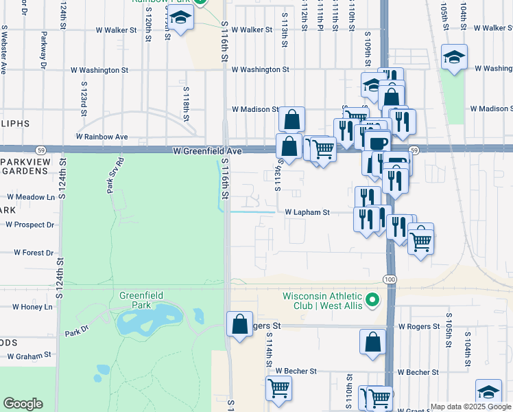 map of restaurants, bars, coffee shops, grocery stores, and more near 15 South 113th Street in West Allis