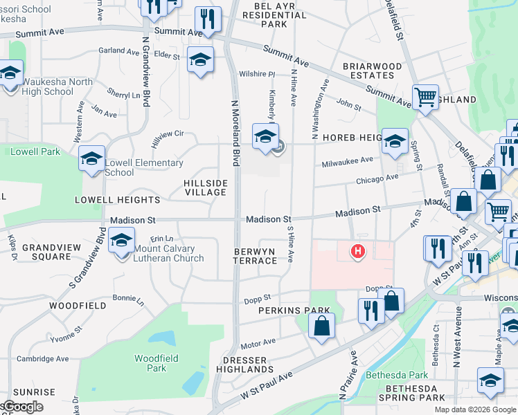 map of restaurants, bars, coffee shops, grocery stores, and more near 143 North Moreland Boulevard in Waukesha