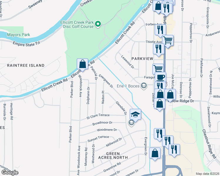 map of restaurants, bars, coffee shops, grocery stores, and more near 663 Evergreen Drive in Tonawanda
