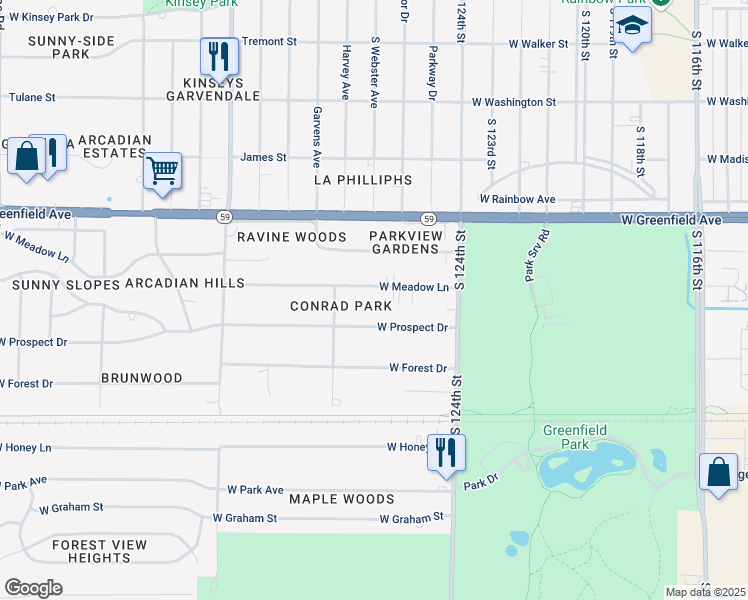map of restaurants, bars, coffee shops, grocery stores, and more near 12623 West Meadow Lane in New Berlin