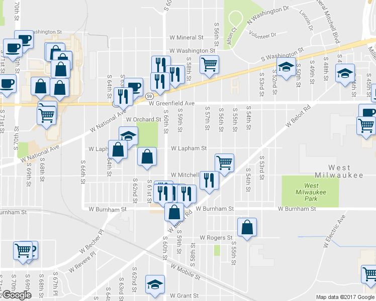 map of restaurants, bars, coffee shops, grocery stores, and more near 5813 West Lapham Street in West Allis