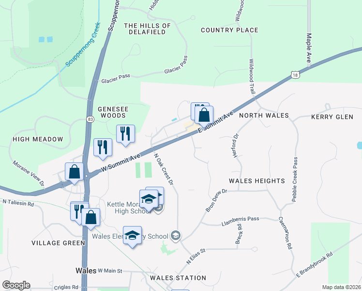 map of restaurants, bars, coffee shops, grocery stores, and more near 245 East Summit Avenue in Wales