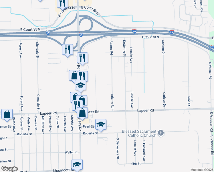 map of restaurants, bars, coffee shops, grocery stores, and more near 1176 Adams Road in Burton