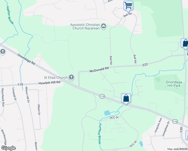 map of restaurants, bars, coffee shops, grocery stores, and more near 4574 McDonald Rd in Syracuse