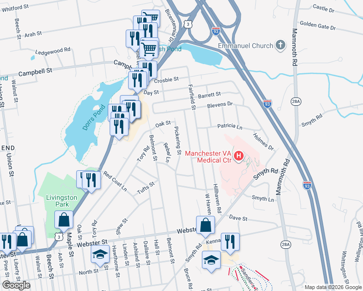 map of restaurants, bars, coffee shops, grocery stores, and more near 438 Pickering Street in Manchester