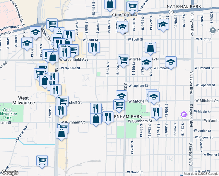 map of restaurants, bars, coffee shops, grocery stores, and more near 1600-1602 South 37th Street in Milwaukee